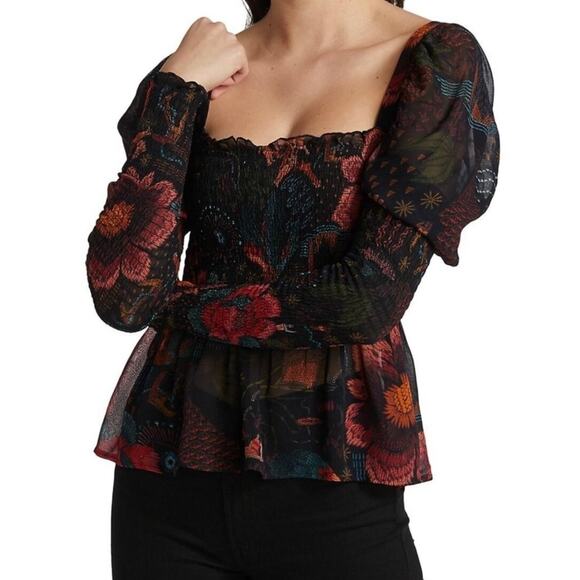 FARM Rio NWT Black River Creatures Smocked Floral Chiffon Sheer Blouse XS - Picture 1 of 10